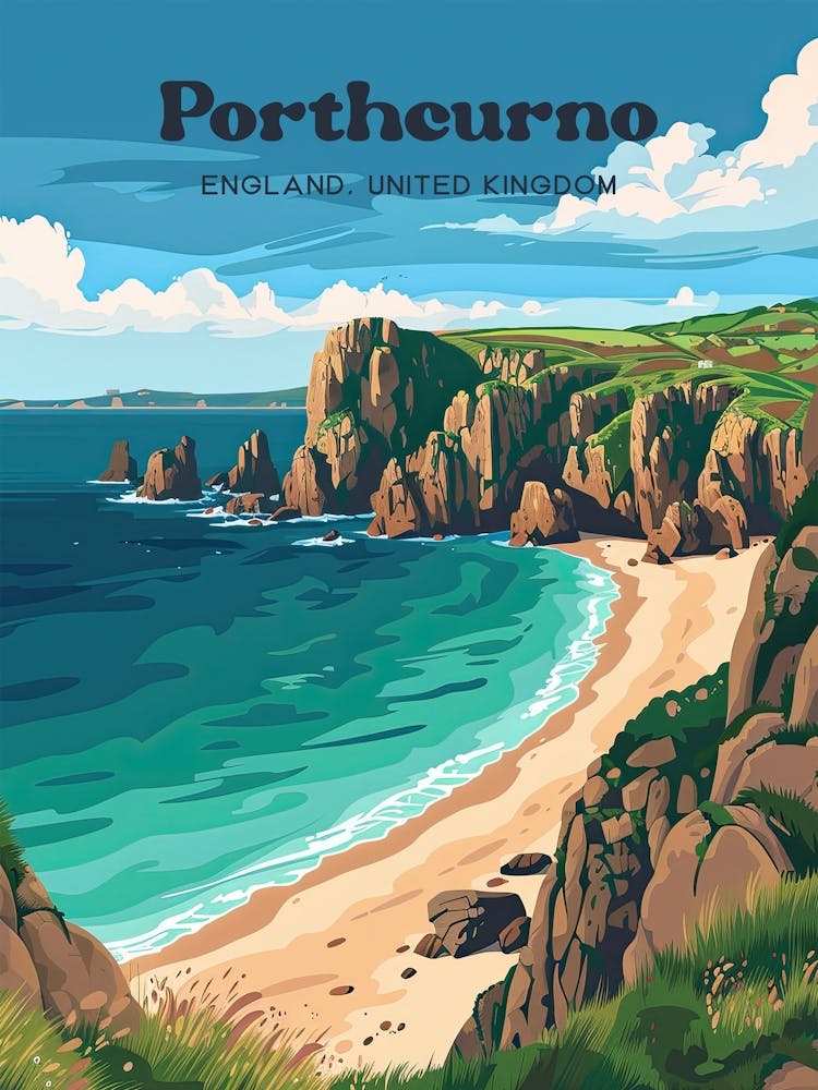 Porthcurno Cornwall England Art Illustration