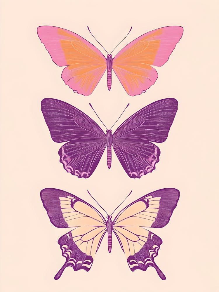 Three Butterflies On A Pink Background