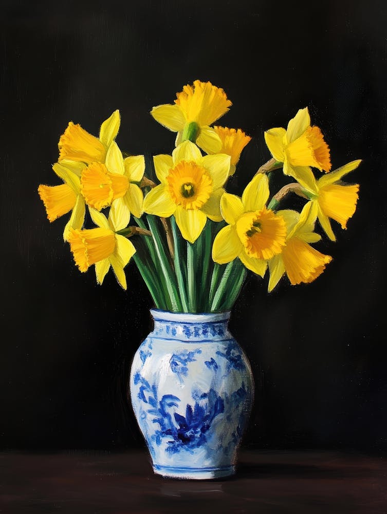 Daffodils In Blue And White Vase 3