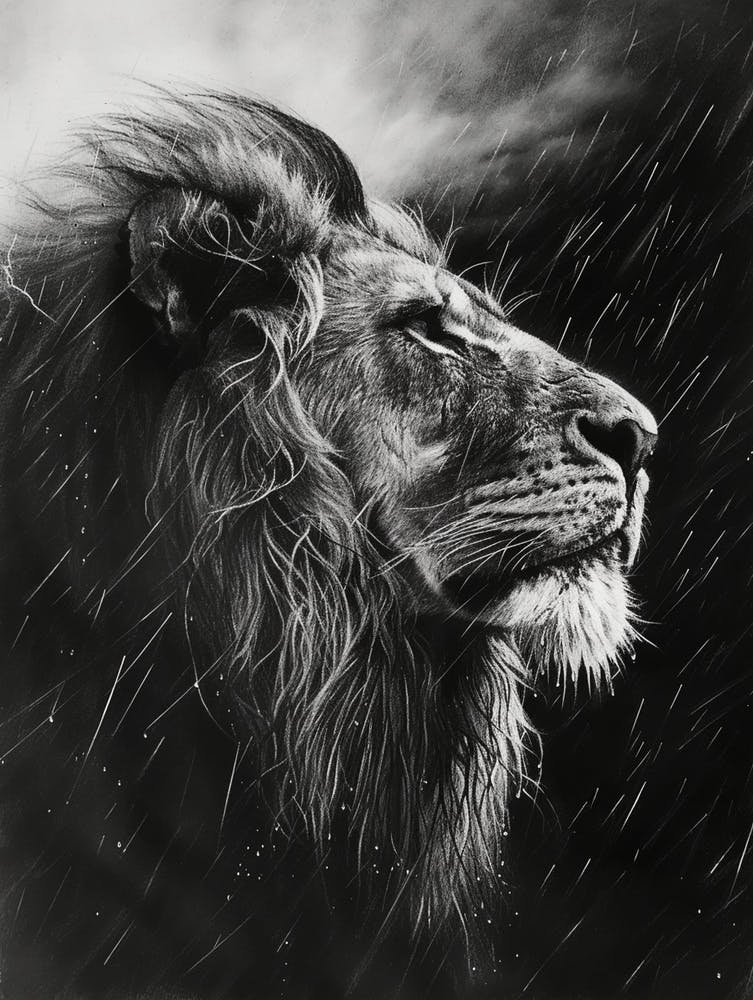Barbary Lion Charcoal Drawing Facing A Storm 1