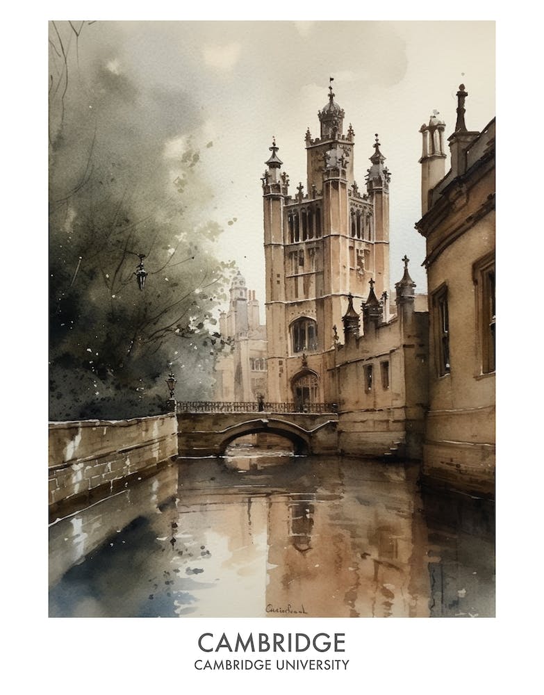 Cambridge University 4 Watercolor Travel Poster