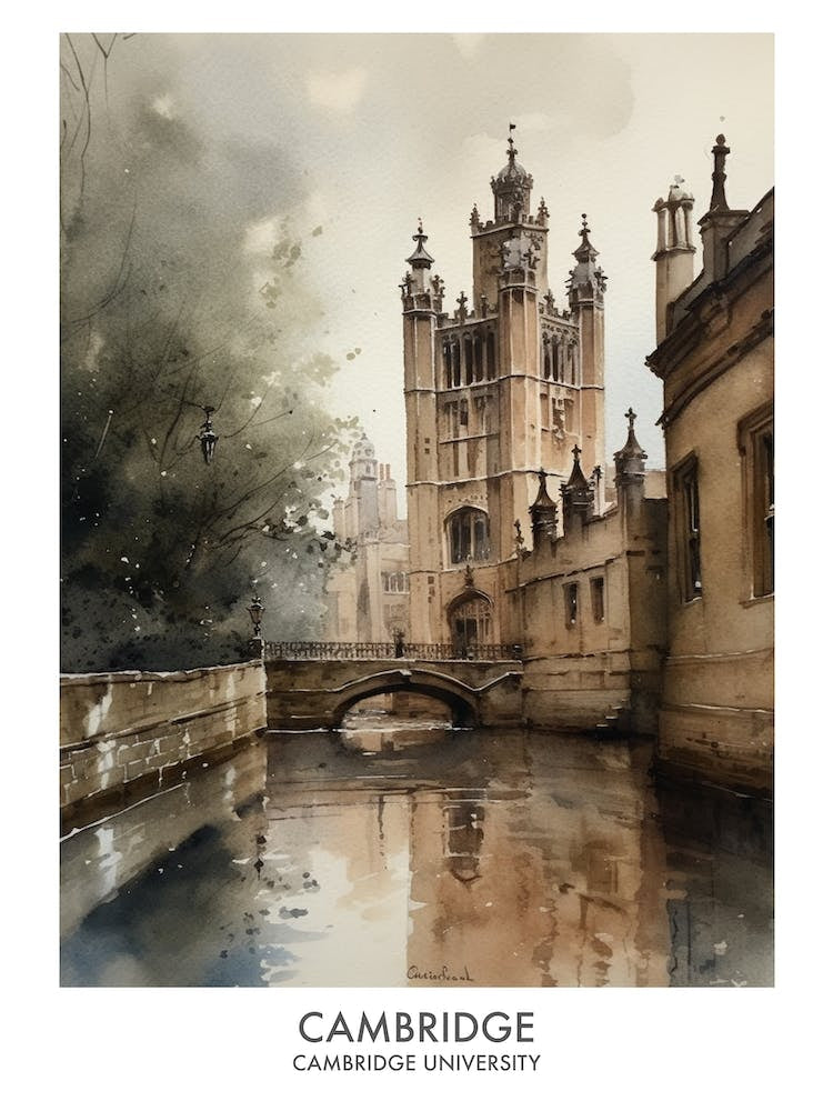 Cambridge University 4 Watercolor Travel Poster