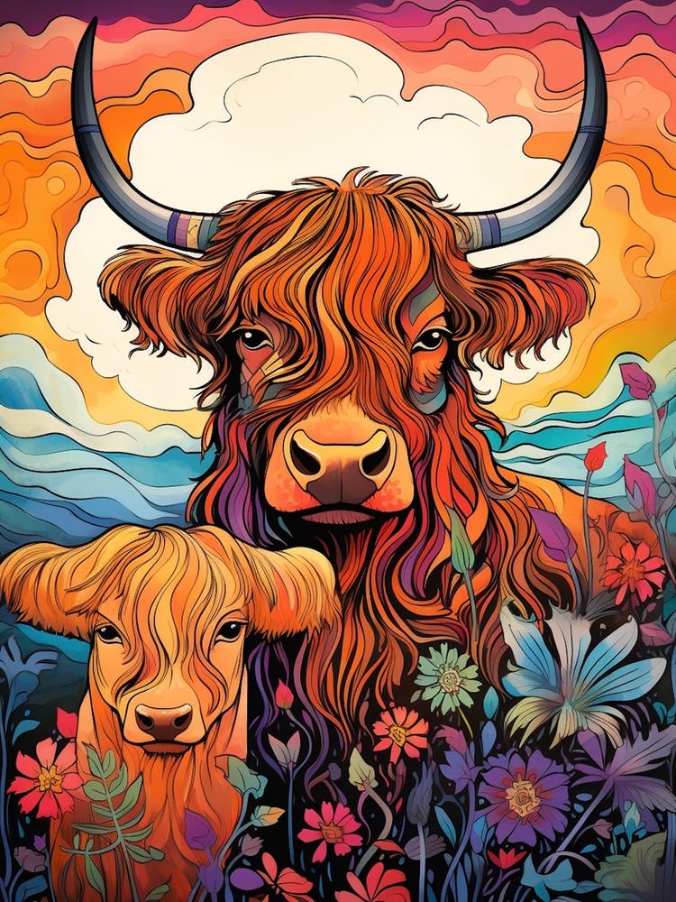 Colourful Doodle Highland Cow With Calf Illustration 