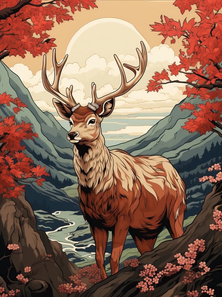 Deer Animal Drawing In The Style Of Ukiyo E 3