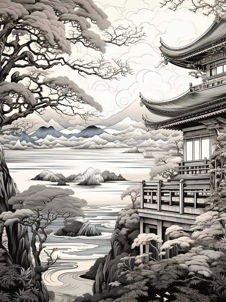Amanohashidate In Kyoto, Ukiyo E Black And White Line Art Drawing 1
