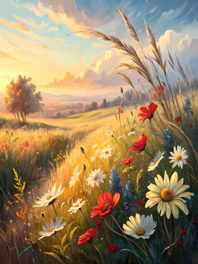 A Sunlit Field of Wildflowers Oil Painting Style