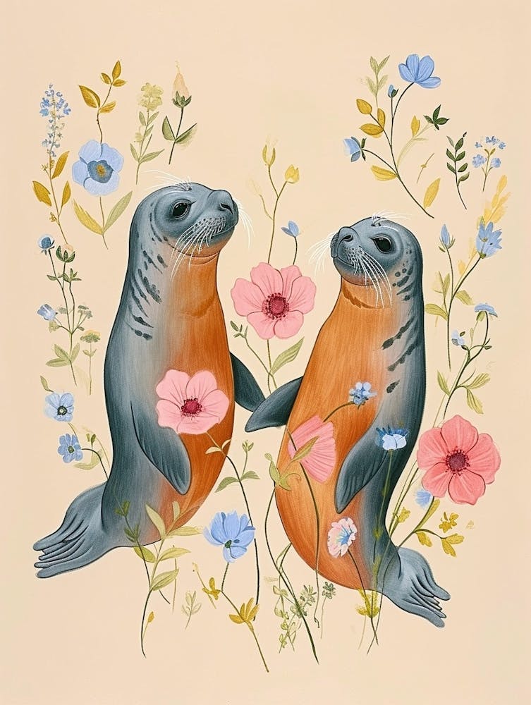 Folksy Floral Animal Drawing Elephant Seal 2