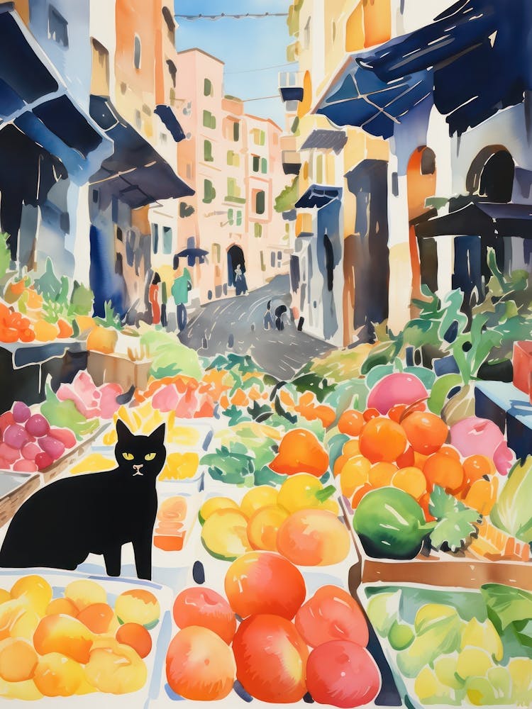 Food Market With Cats In Amalfi 3 Watercolour