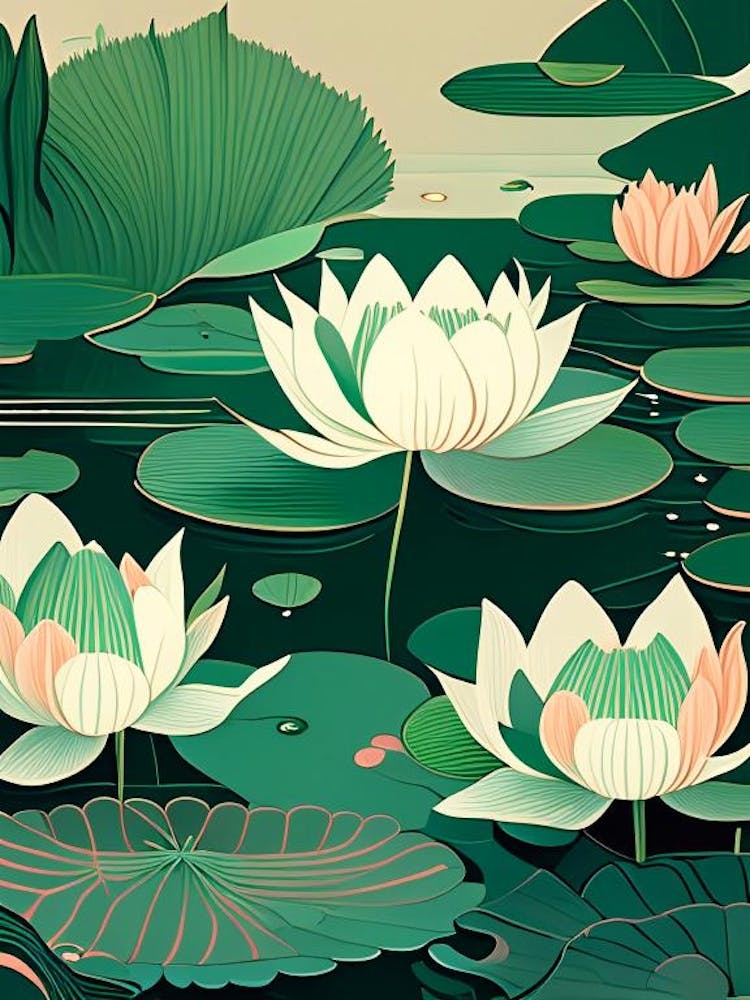 Water Lilies Waterscape Retro Illustration 1