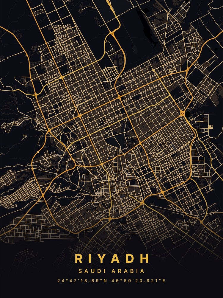 Riyadh Saudi Arabia Black And Gold Map