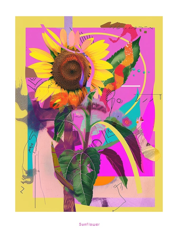 Sunflower 3 Neon Flower Collage Poster