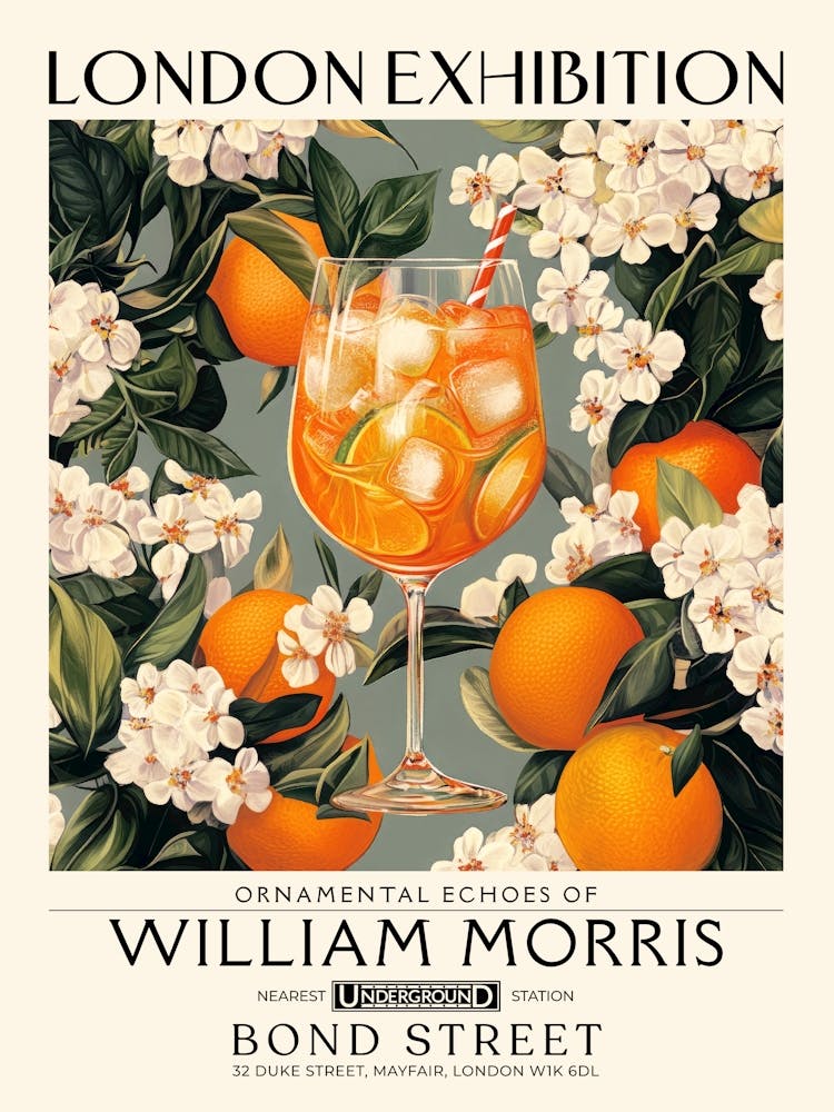 Aperol Spritz cocktail print William Morris style maximalist floral art, summer inspired drink wall art vintage botanical still life eclectic decor for bar cart, living room, kitchen, dining room 10