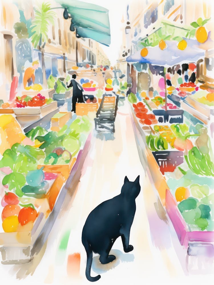 Food Market With Cats In Malaga 4 Watercolour