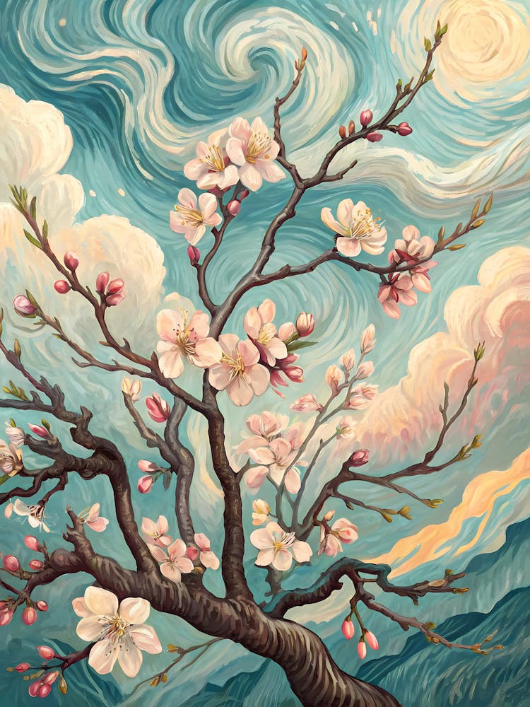 Wirbelnde Himmel Kirschblüte Ölgemälde Abstrakte Blumenkunst mit Frühlingsblüten