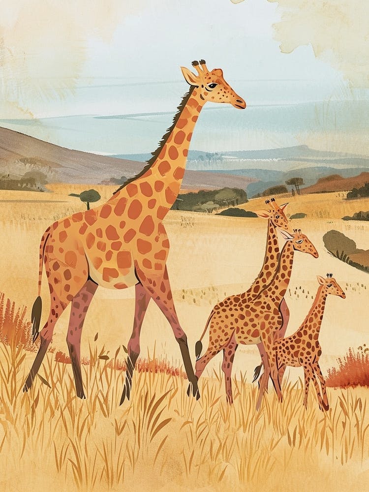 Storybook Style Illustration Of Giraffes In The Nature 3