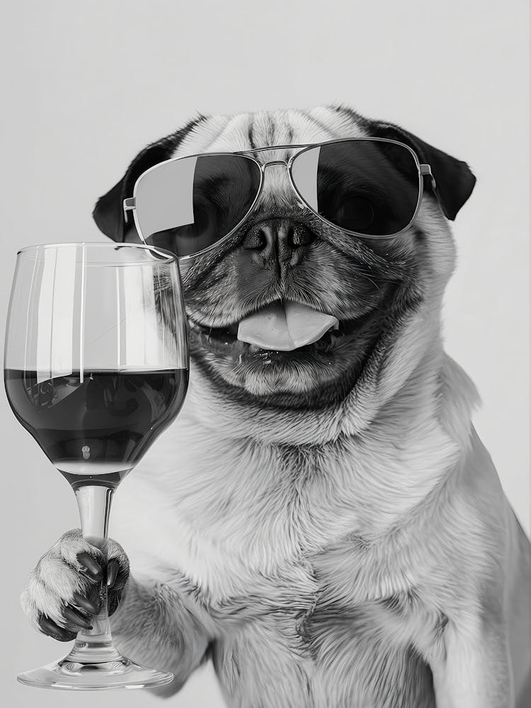 Pug Holding Wine Wall Art, Black And White Print, Pug Gift, Alcohol Print, Funny Dog Poster, Bar Cart Print, Kitchen Wall Decor(1)