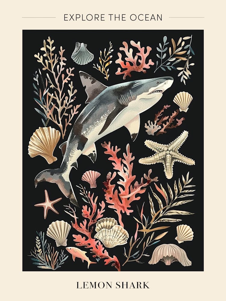 Lemon Shark Seascape Black Background Illustration 2 Poster