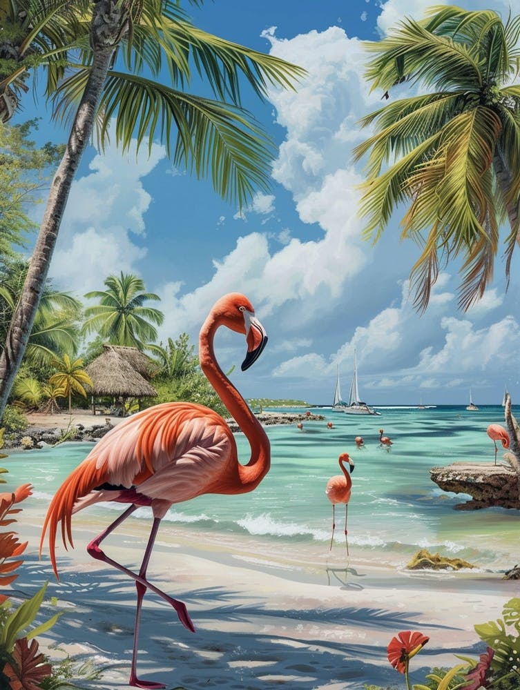 Greater Flamingo Renaissance Island Aruba Tropical Illustration 1