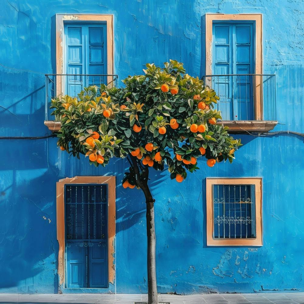 Orange Tree In Front Of Blue House