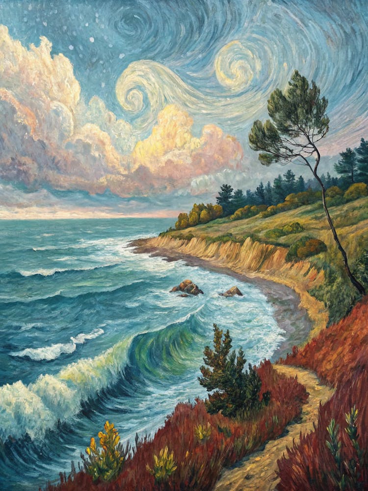 Meadow Road to Pourville Surrealist Oil Painting Style Of Van Gogh