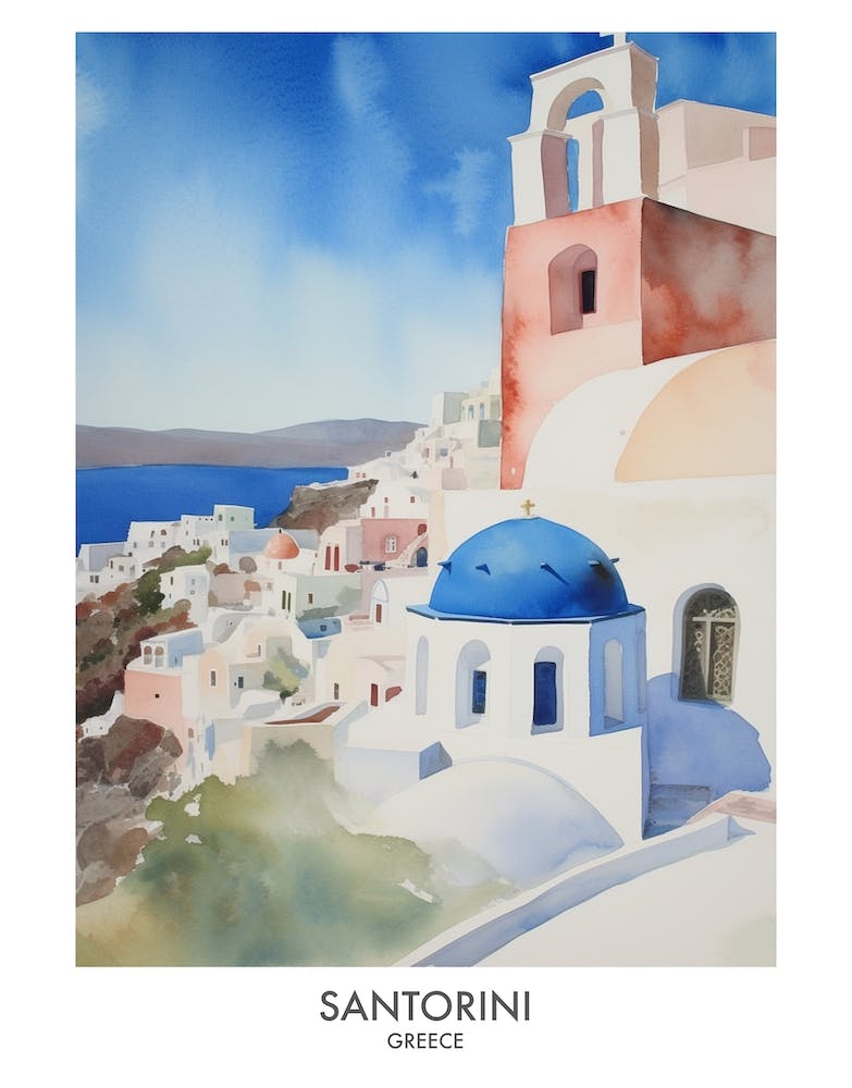 Santorini Grèce Affiche de Voyage à l'Aquarelle 4