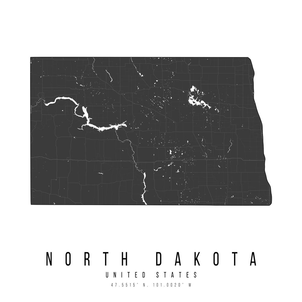 North Dakota Mono Black And White Modern Minimal Street Map Square