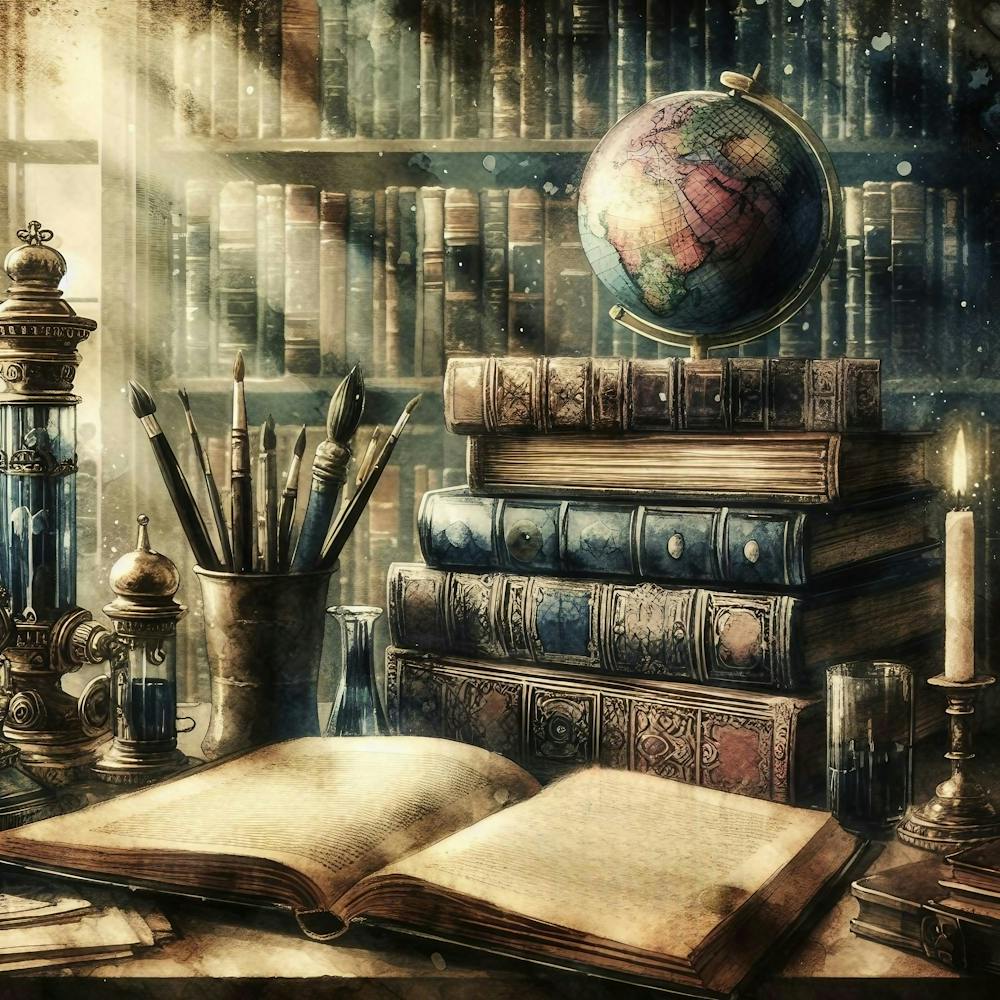 Library With Books And Globe