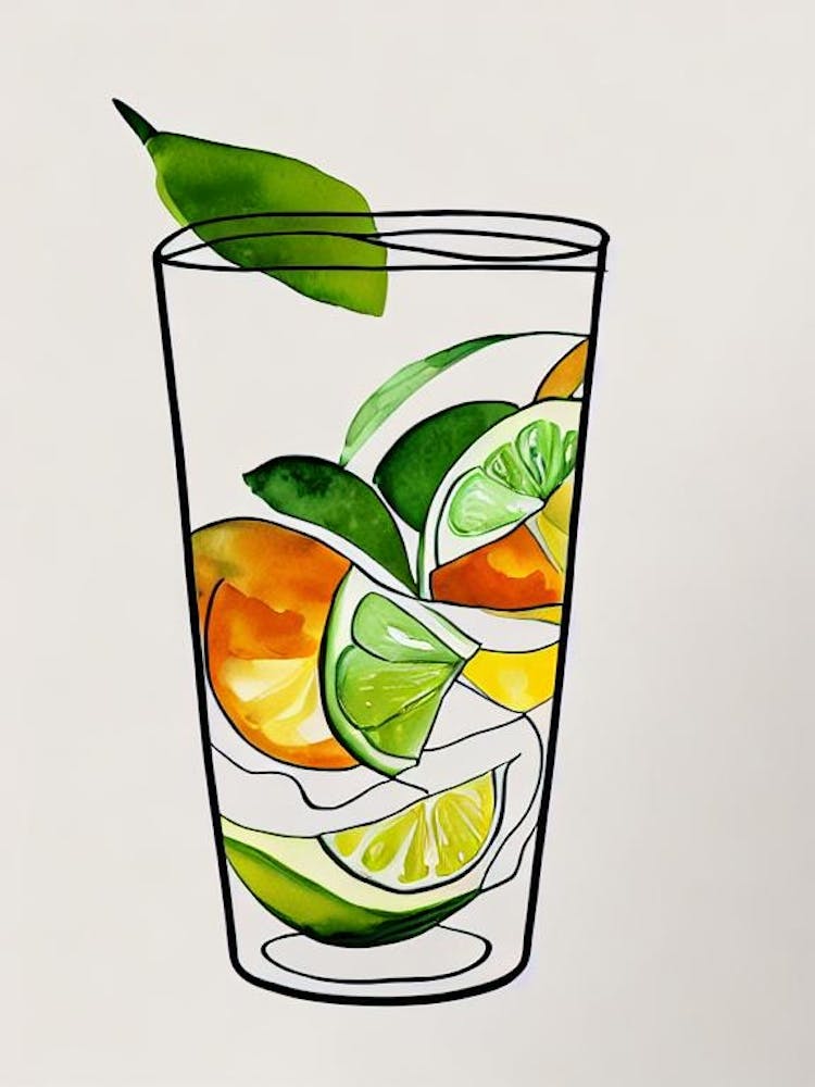 Capirinha Minimal Line Drawing With Watercolour Cocktail Poster