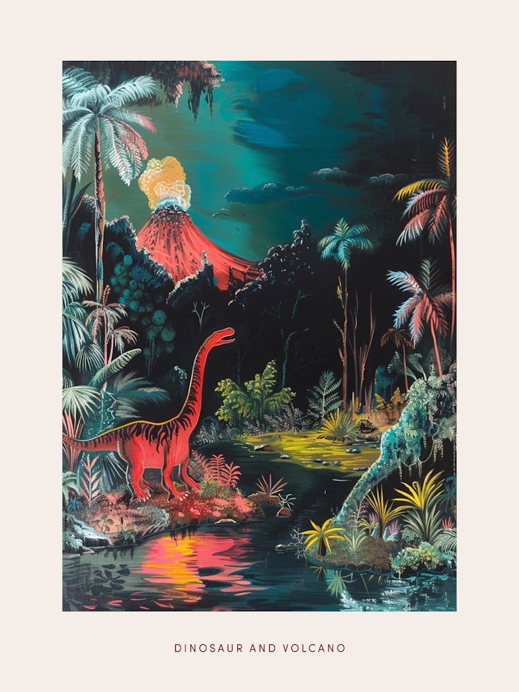 Dinosaur & The Volcano Painting 2 Poster