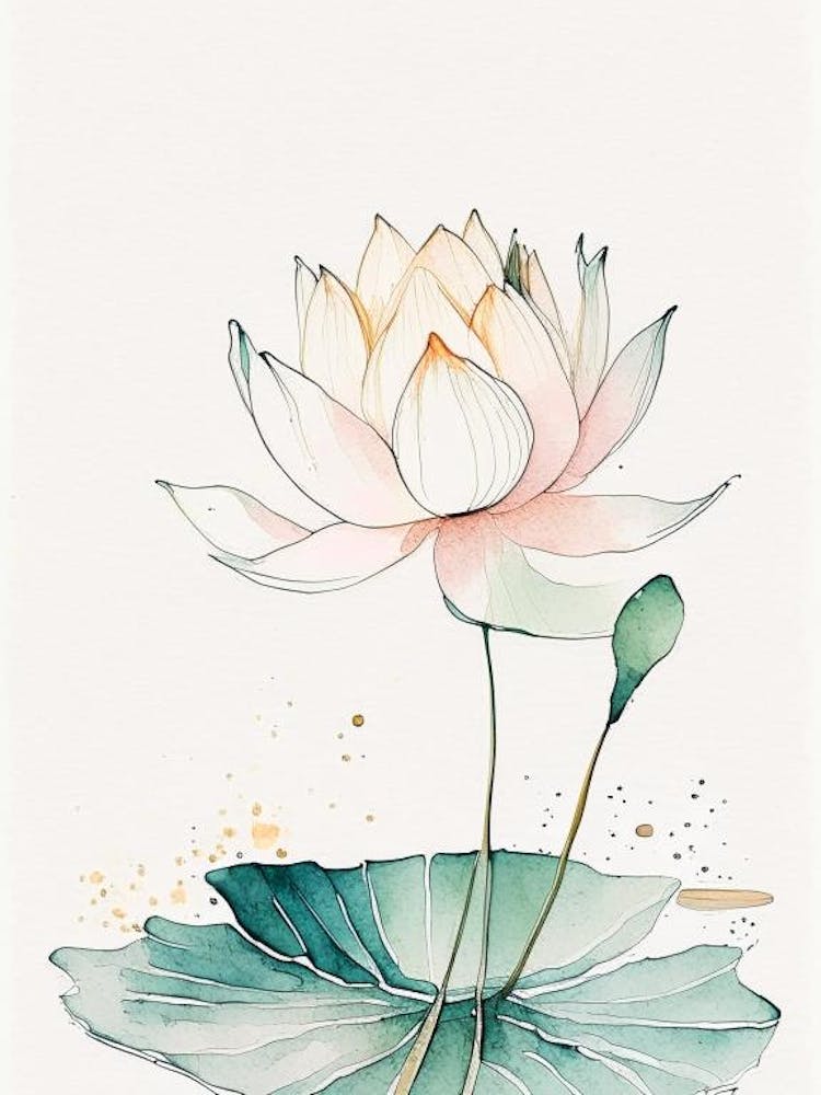 Blooming Lotus Flower In Pond Minimal Watercolour 1