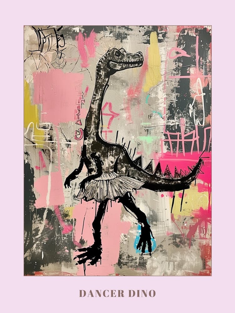 Dinosaurier tanzt im Tutu, pinker Graffiti-Pinselstrich 1 Poster
