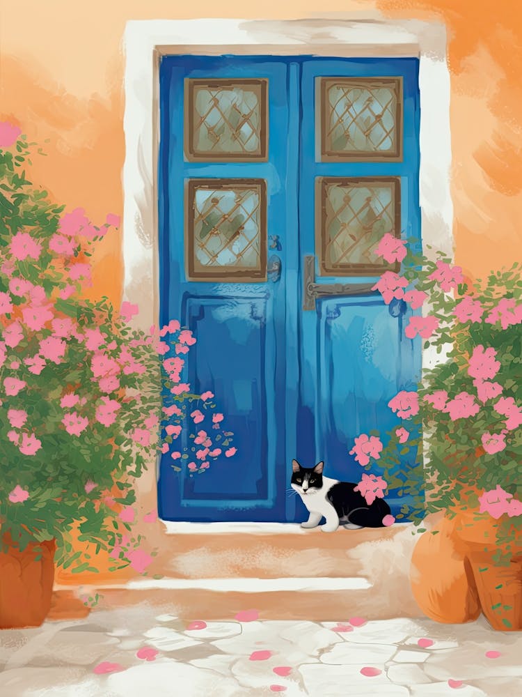 Black And White Cat And Blue Door
