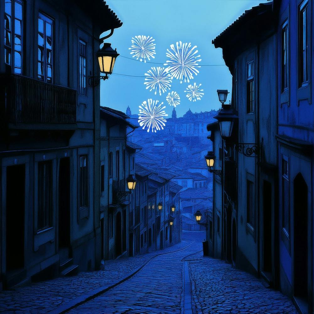 Street Scene With Fireworks