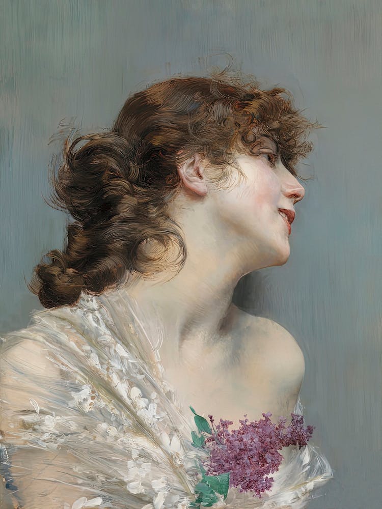 Woman Portrait, Lilacs, Muted Neutral Vintage Art
