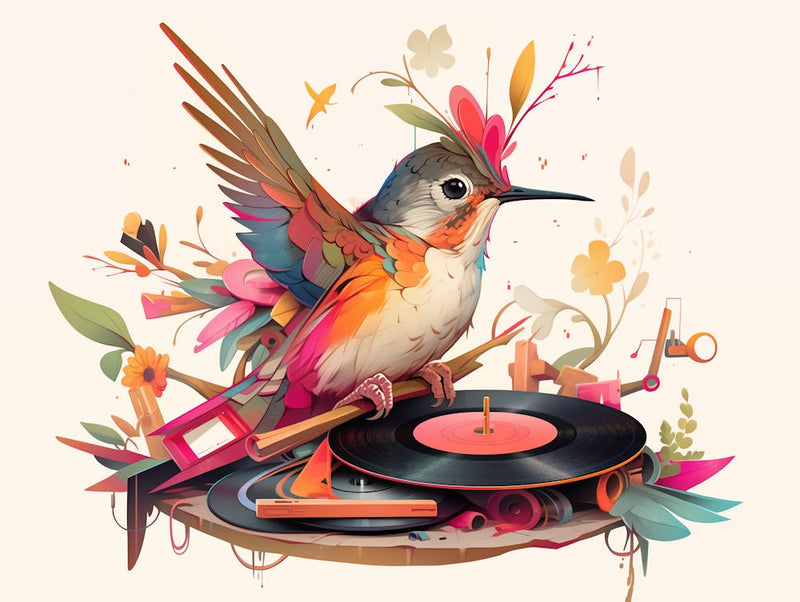 Kolibri und ein Plattenspieler