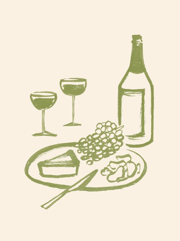 Wine and Cheese Aperitif Kitchen Illustration - Green White