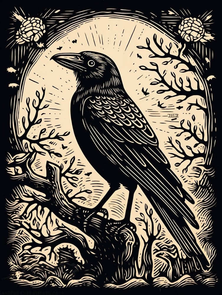 S/W Vogel Linolschnitt Krähe 3