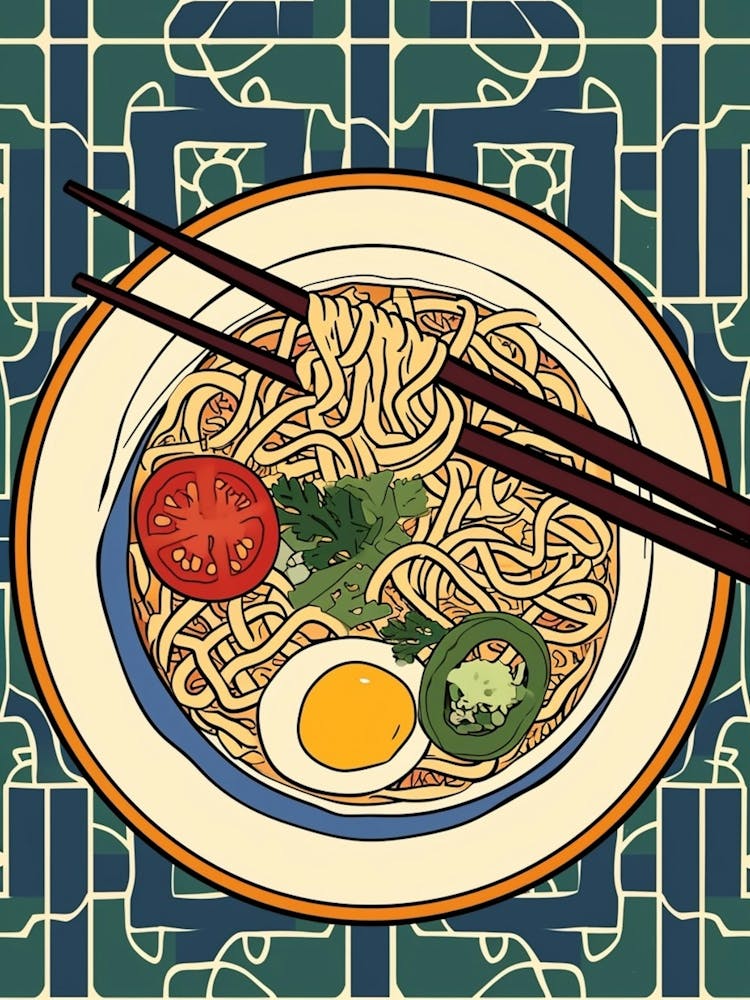 Ramen With Boiled Eggs On A Tiled Background 3