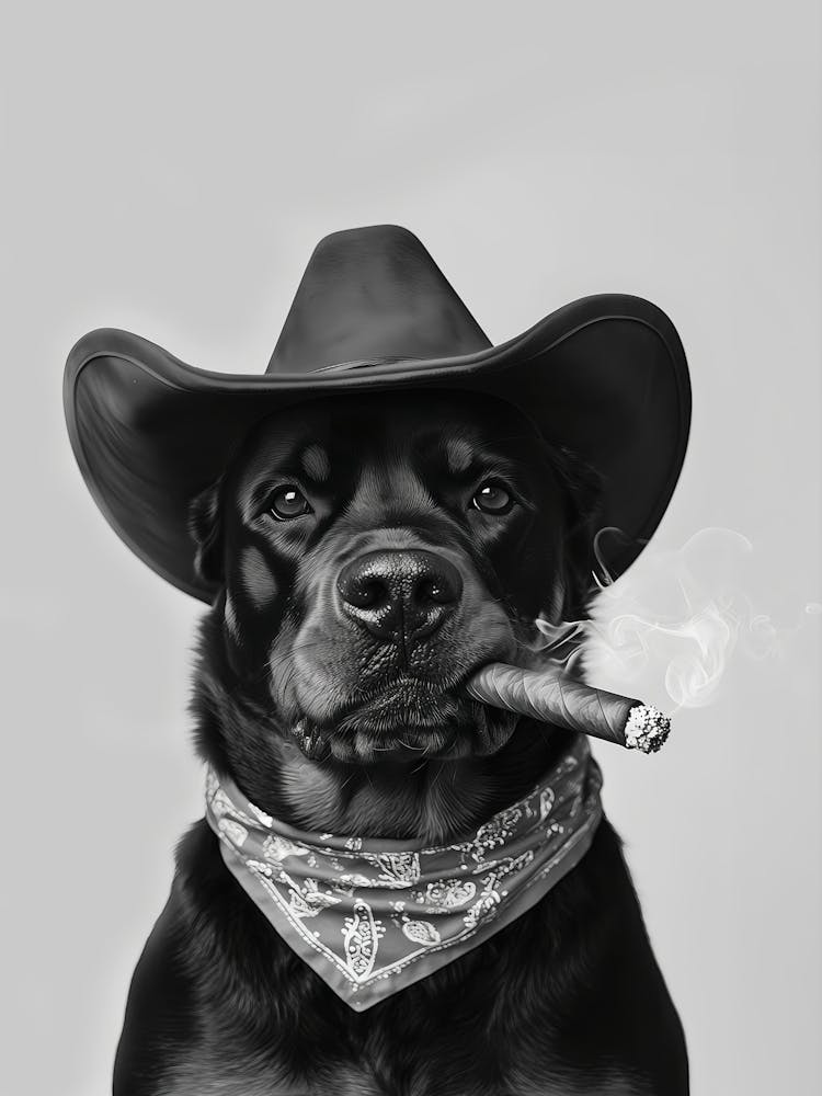 Rottweiler Cowboy Wall Art, Western Print, Black And White Print, Dog Owner Gift, Western Dog Art, Vintage Dog Poster, Trendy Retro Decor