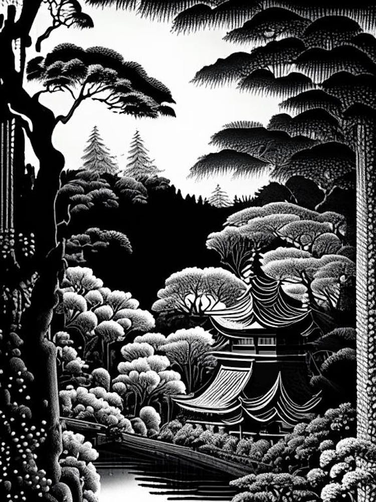 Kenrokuen, Japan Linocut Black And White Vintage
