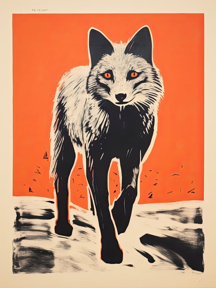 Arctic Fox, Woodblock Animal Drawing 1