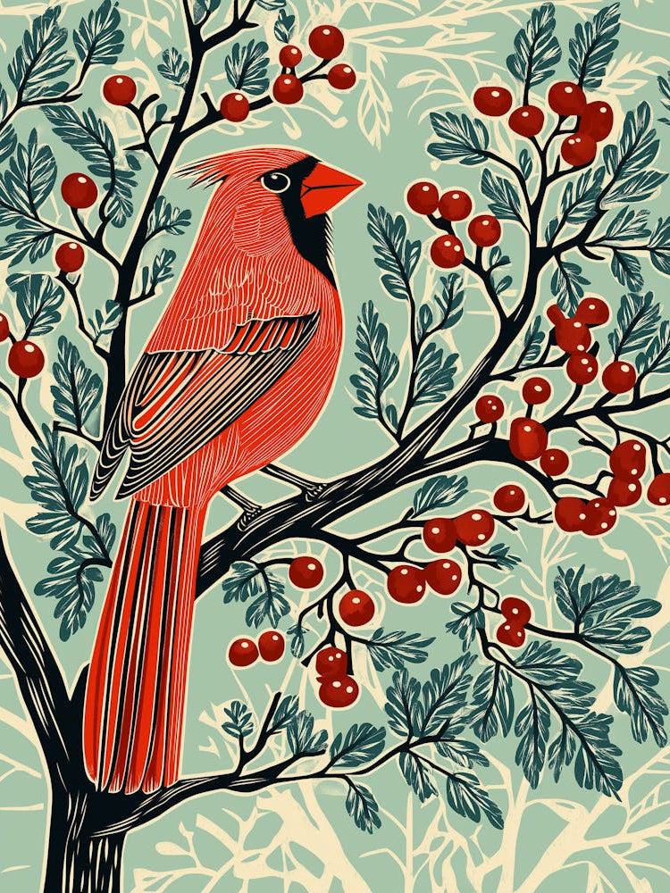 Vintage Bird Linocut Cardina