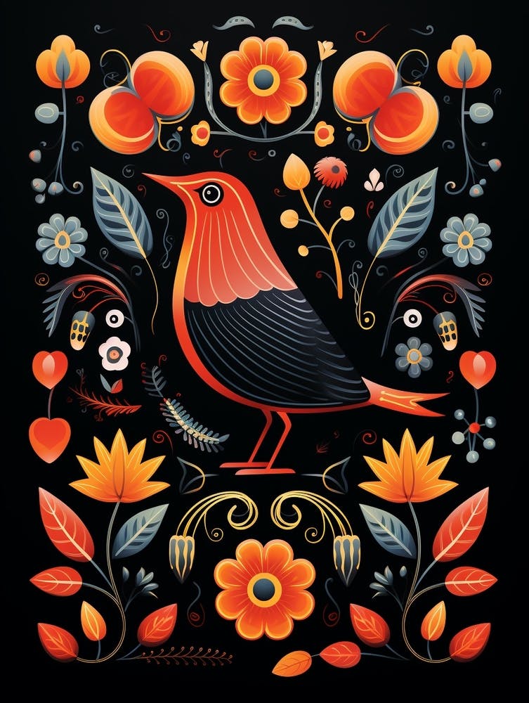 Folk Bird Illustration Blackbird 4
