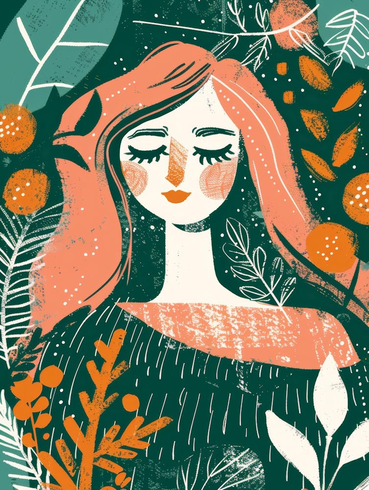 Illustration Of A Girl With Leaves