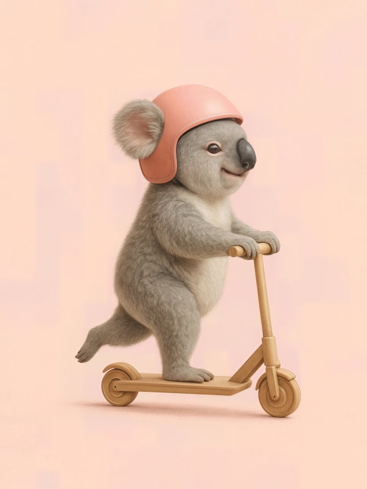 Koala on Scooter – Sweet Ride for Kids Wall Art: This happy baby koala zooms along on a scooter with a big smile and pastel vibes. A joyful companion for toddler rooms and playful spaces – perfect for fans of cute animals and fun illustrations.
