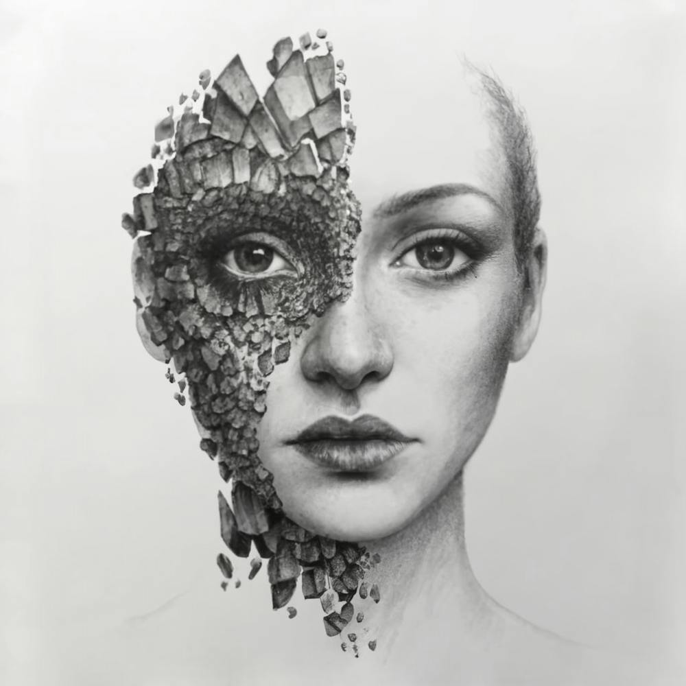 Shattered pieces of a woman's face