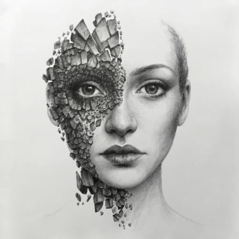 Shattered pieces of a woman's face