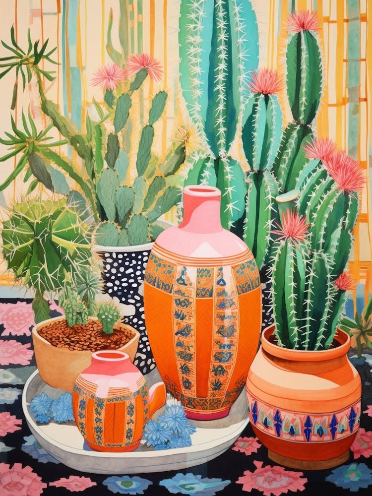 Cactus Painting Maximalist Still Life Golden Barrel Cactus 3