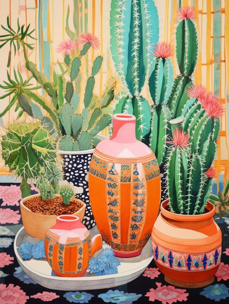 Cactus Painting Maximalist Still Life Golden Barrel Cactus 3