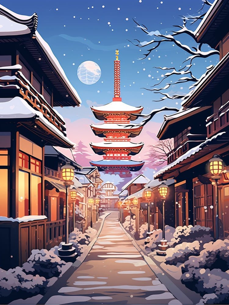 Winter Travel Night Illustration Kyoto Japan 3